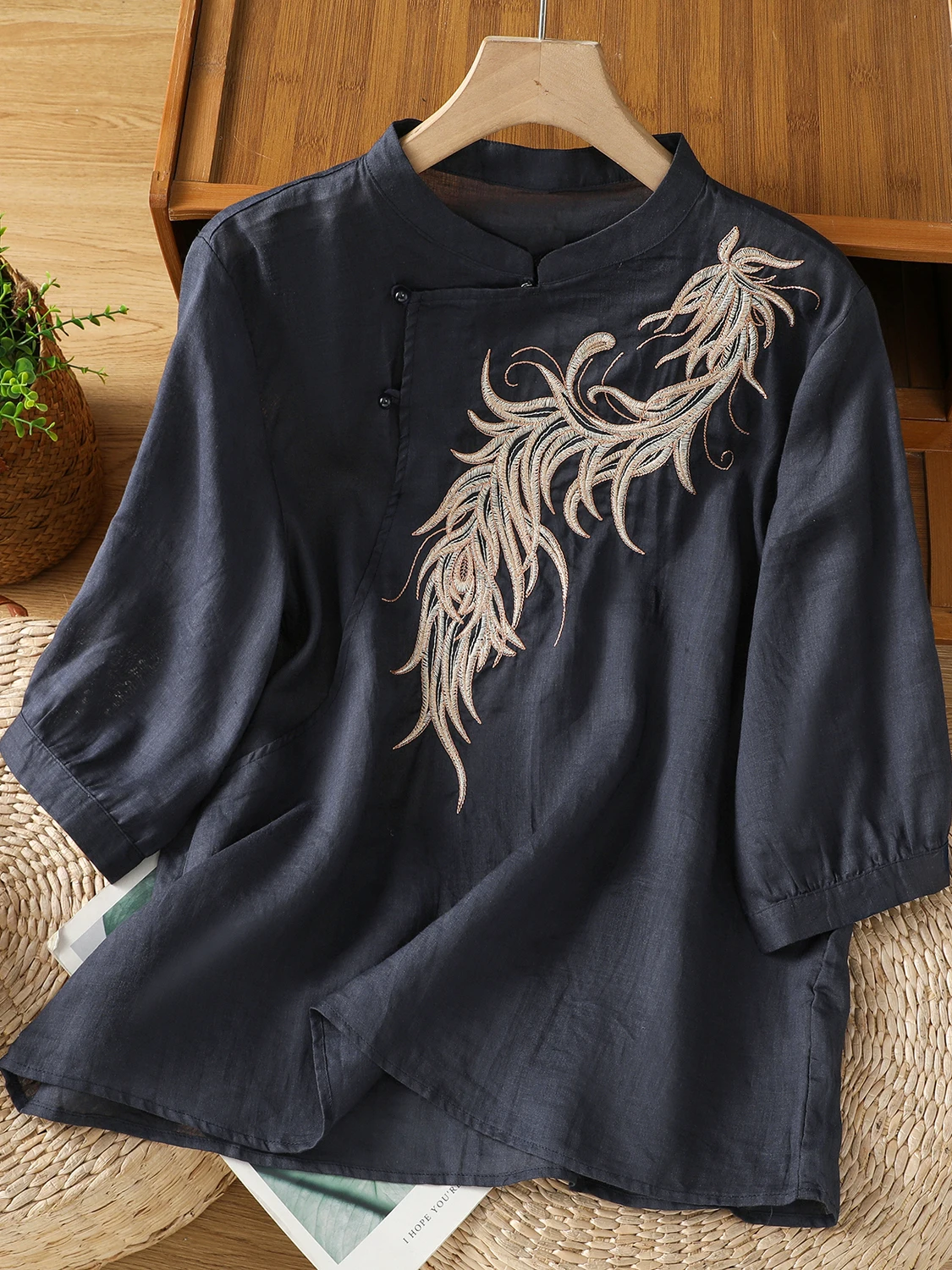 صيف 2025 جديد حجم كبير المرأة القطن الكتان فضفاض مطرز irt الفنية الصينية Sle قمة المرأة Faion #2