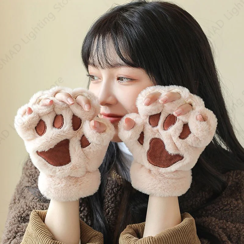 جميل أفخم القط مخلب باو قفازات أفخم القفازات الدافئة أفخم لينة قصيرة أصابع رقيق الدب قفازات زي نصف اصبع قفازات #1