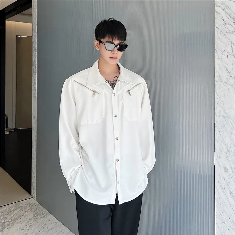Shirt men 2026 New Trendy Multi Zipper Decoration Loose Fit Shirt Men Long Sleeve Streetwear Stage Costume