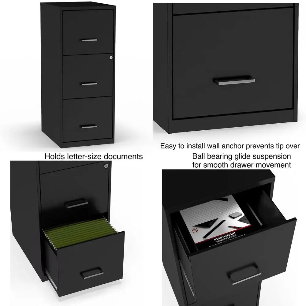 

Vertical 3-Drawer File Cabinet for Letter Size, Lockable, Dimensions 18.9 x 14.3 x 34.9, Black