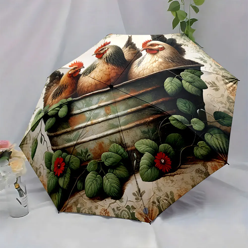 1PC Rustic Chicken-Themed Umbrella with Floral Decorations Print 8 Iron Ribs Folding Umbrella Auto-Open Fashion Sunshade