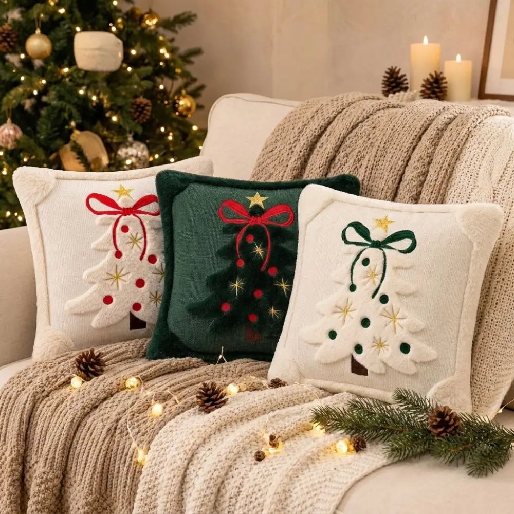 Plush Christmas Pillow Cover Christmas Tree Soft Fluffy Cushion Cover Comfortable Skin-friendly Throw Pillow Cover
