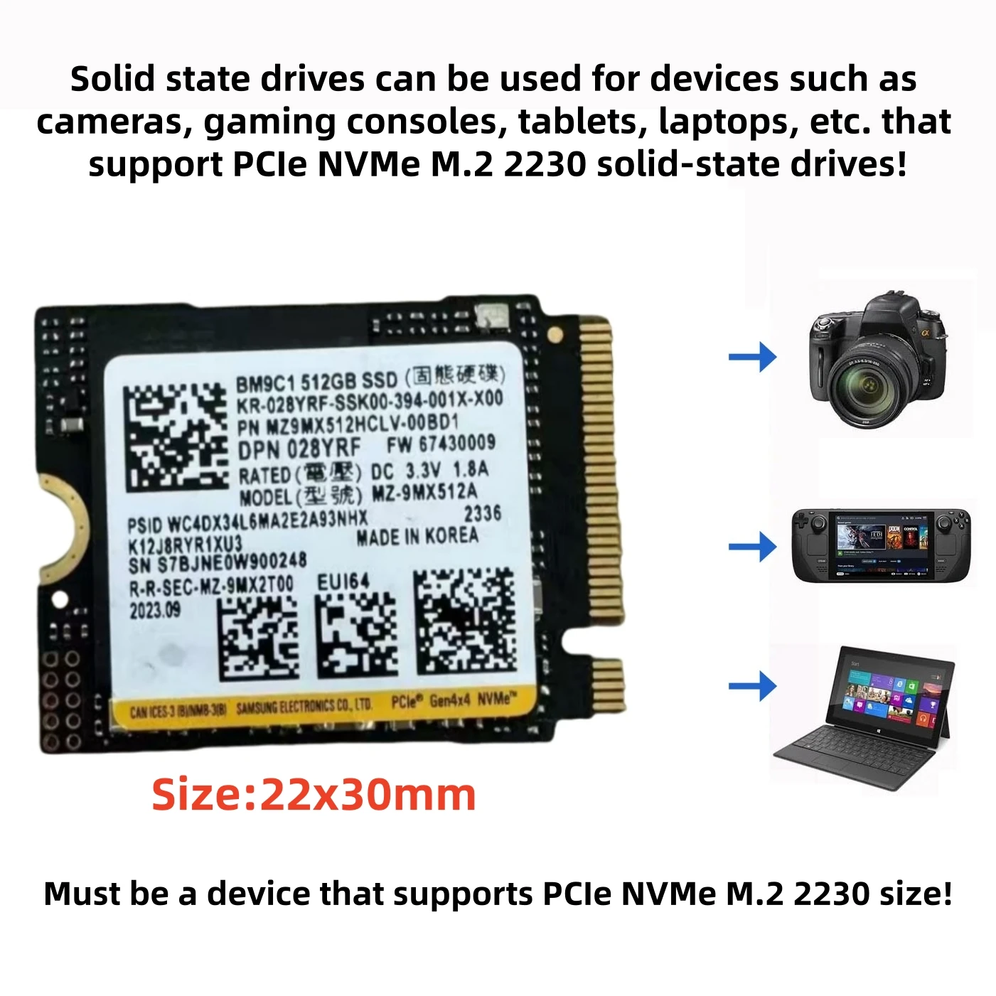 Samsung PCIe M.2 2230/2242 NVMe SSD BM9C1 512G, PM9B1 128G 256G, voor Xbox Surface Pro Steam Deck Dell HP Lenovo Laptop-OEM-pakket