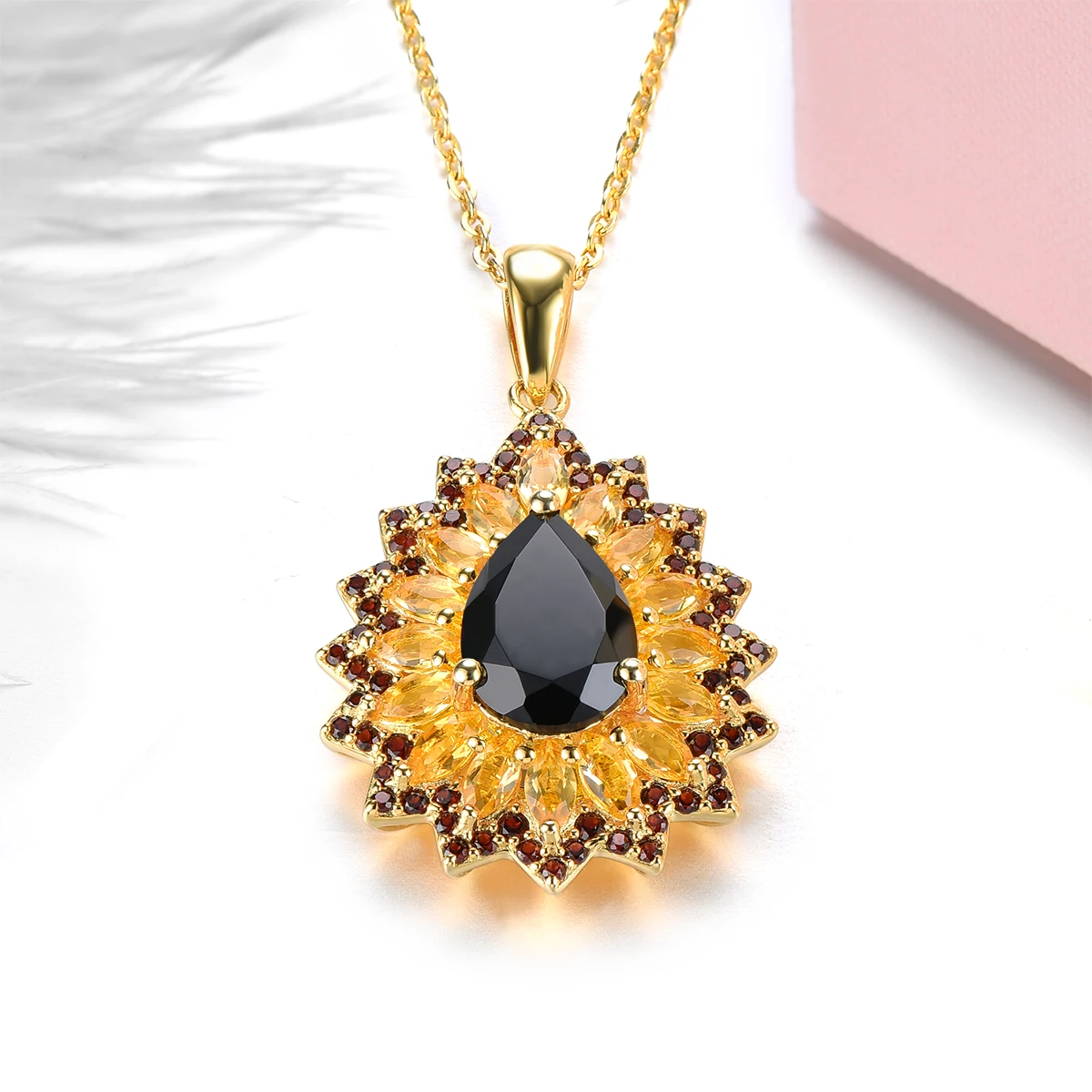 Natural Black Spinel Citrine Sterling Silver Pendant 3.6 Carats Yellow Gold Plated Women's Favorite S925 Gift Original Design