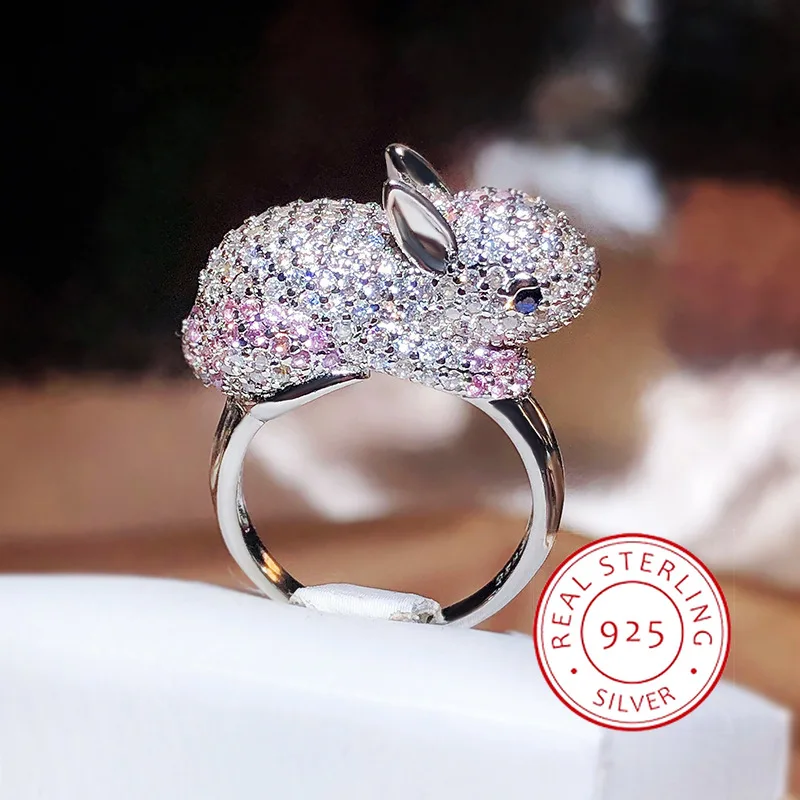 New Cute Rabbit Ring Female Simple Temperament Full Of Diamonds Jewellery 925 Stamp Jewelry Party Birthday Gift