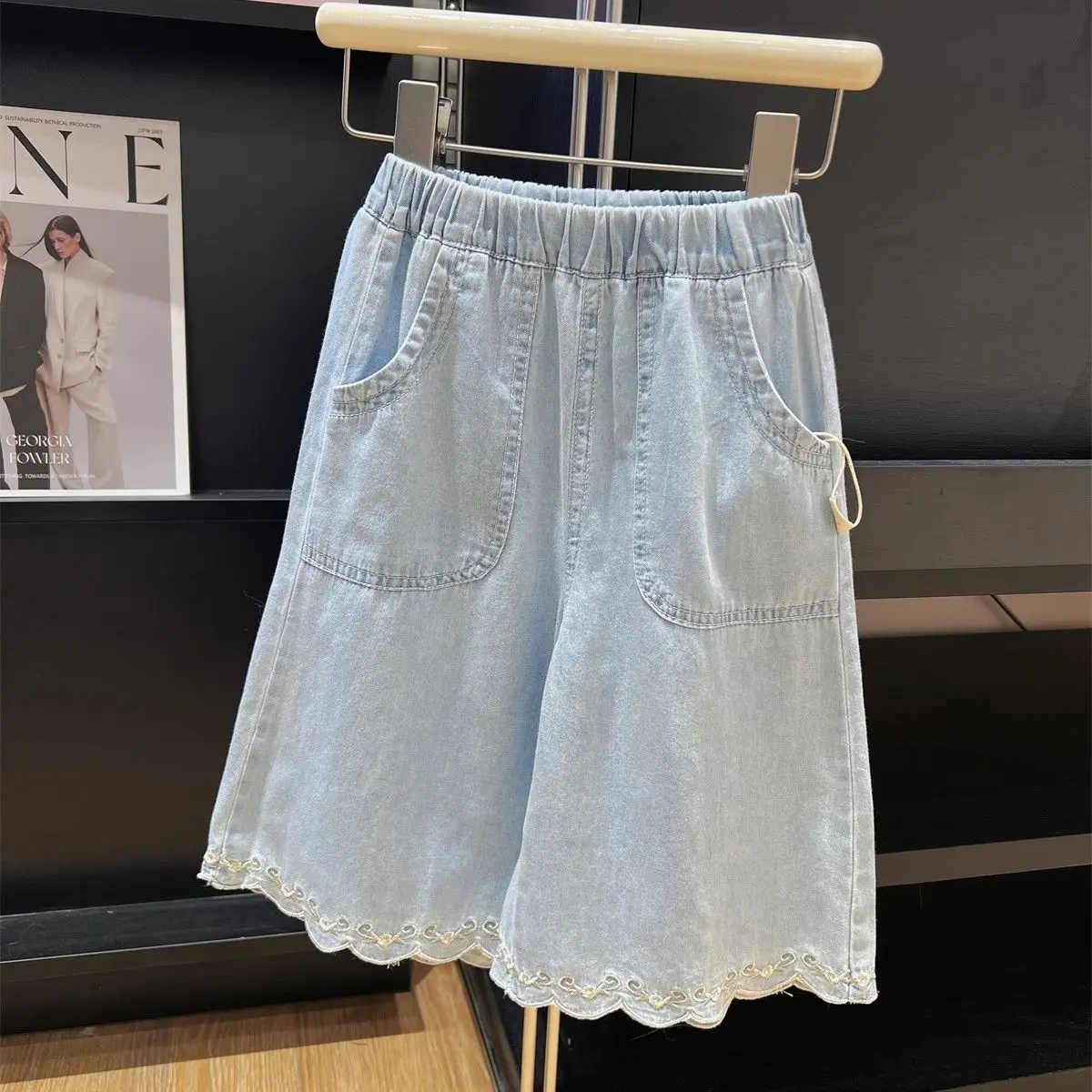 

Girls' jeans cropped pants 2025 summer new Korean version children's lace edge thin casual hot pants