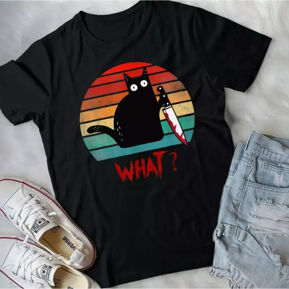 

Забавный черный кот, убийственный кот с ножом, футболка унисекс, креативный узор, принт, дизайн, футболка для мужчин и женщин, повседневная футболка с коротким рукавом