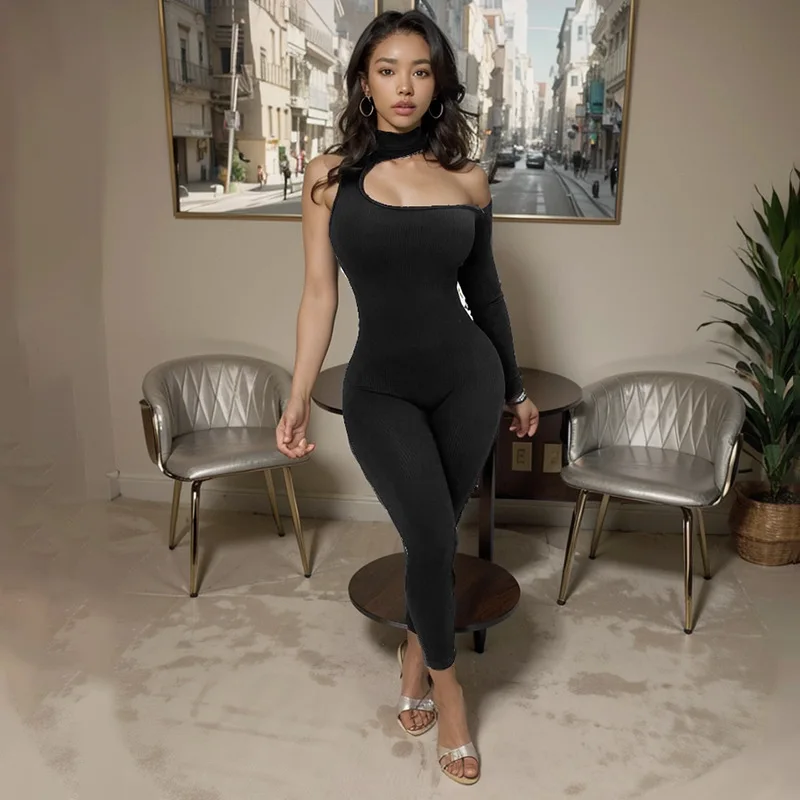 

Модный асимметричный длинный комбинезон с одним рукавом, женский облегающий цельный костюм с высокой талией, осень-зима, Новое поступление