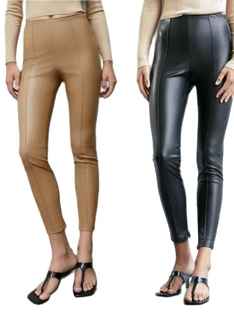 2023 New Spring Autumn Women High Waist Black Khaki Faux Leather Pants Female Slim Fit Skinny PU Pencil Street Leggings Trousers