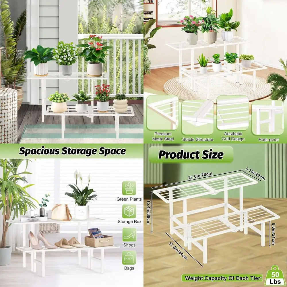 

Прочная 2-ярусная металлическая подставка для растений, водонепроницаемая, для использования в помещении и на улице, белая, высота 8,3-15,4 дюйма