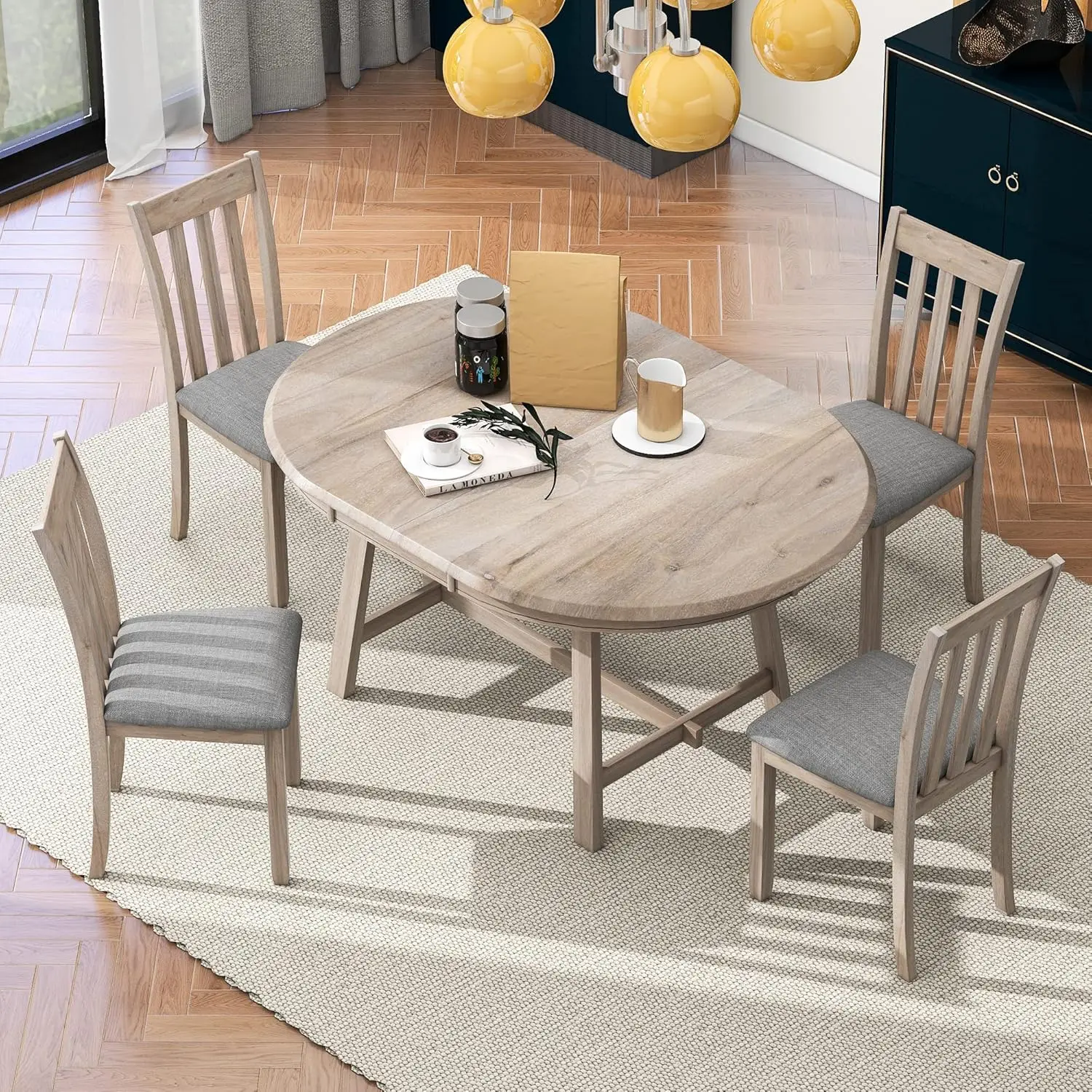 5-Piece Round Extendable Dining Table Set With 4 Upholstered Chairs For Kitchen Dinette Room, Natural Wood Wash