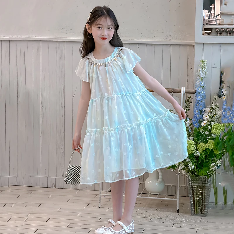 2026 new summer children's chiffon dress spring girls' three-dimensional embroidered princess dress short sleeved party  skirt