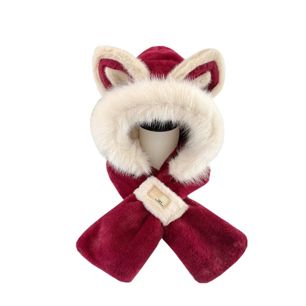 

Fox Ears 2-in-1 Hooded Scarf for Women Windproof Keep Warm Hat Scarf Ear Protection Soft Winter Plush Scarf Autumn Winter