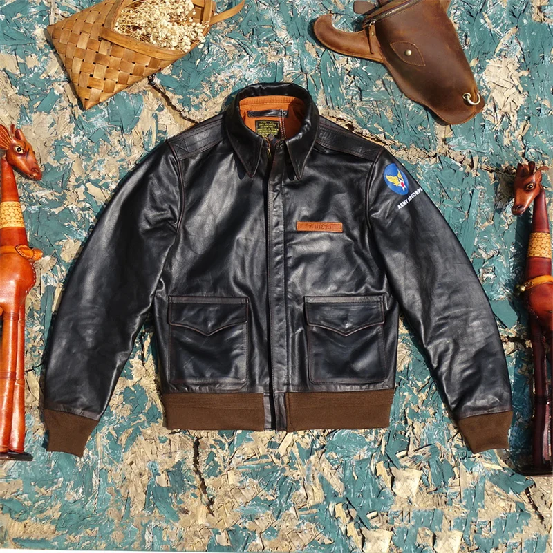 Authentic Leather Jacket Men's A2 Flight Jacket Washed Color Rubbing Tea Core  Skin Genuine Leather Jacket Youth Short S...