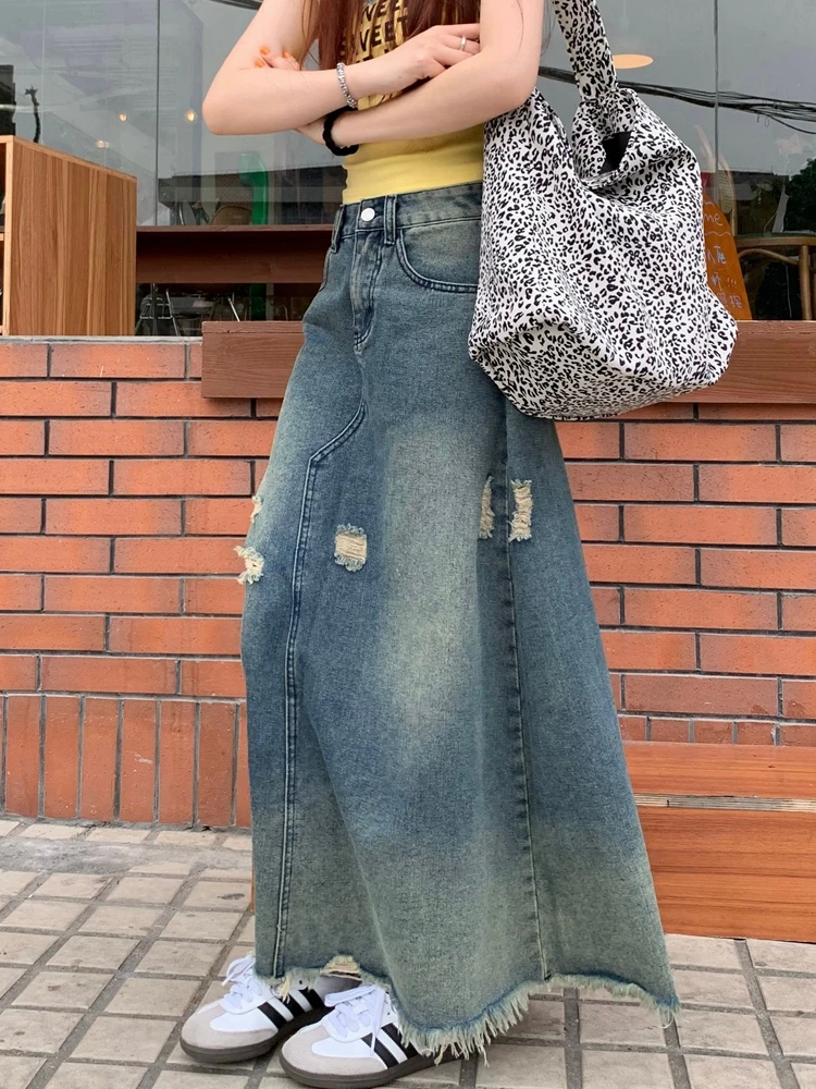 Long Skirts Women 2024 Spring Summer Mori Girl Style Vintage Broken Holes High Waisted Jean Skirt Ladies Tassel Denim Skirt