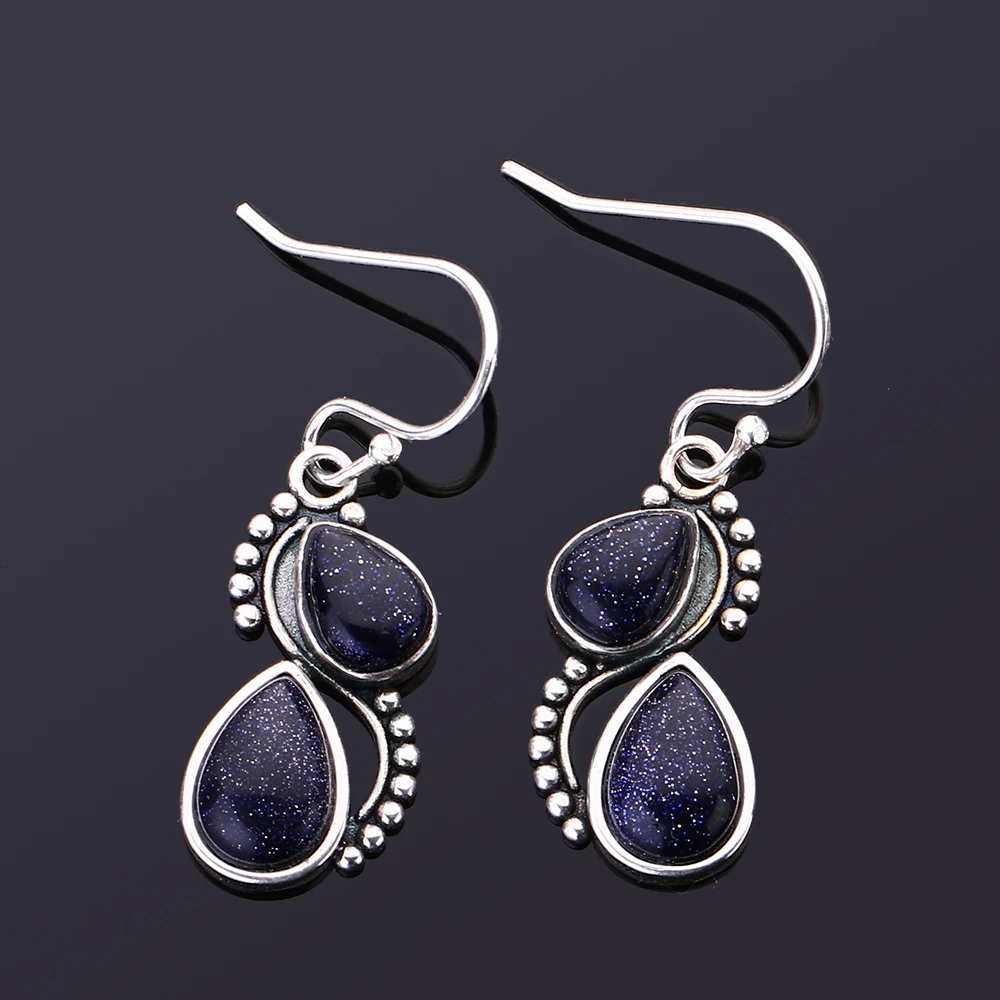 

Vintage Silver Earrings 6 * 9mm Natural Blue Sandstone Moonstone Water Drop 925 Earrings Personalized Banquet and Party Jewelry