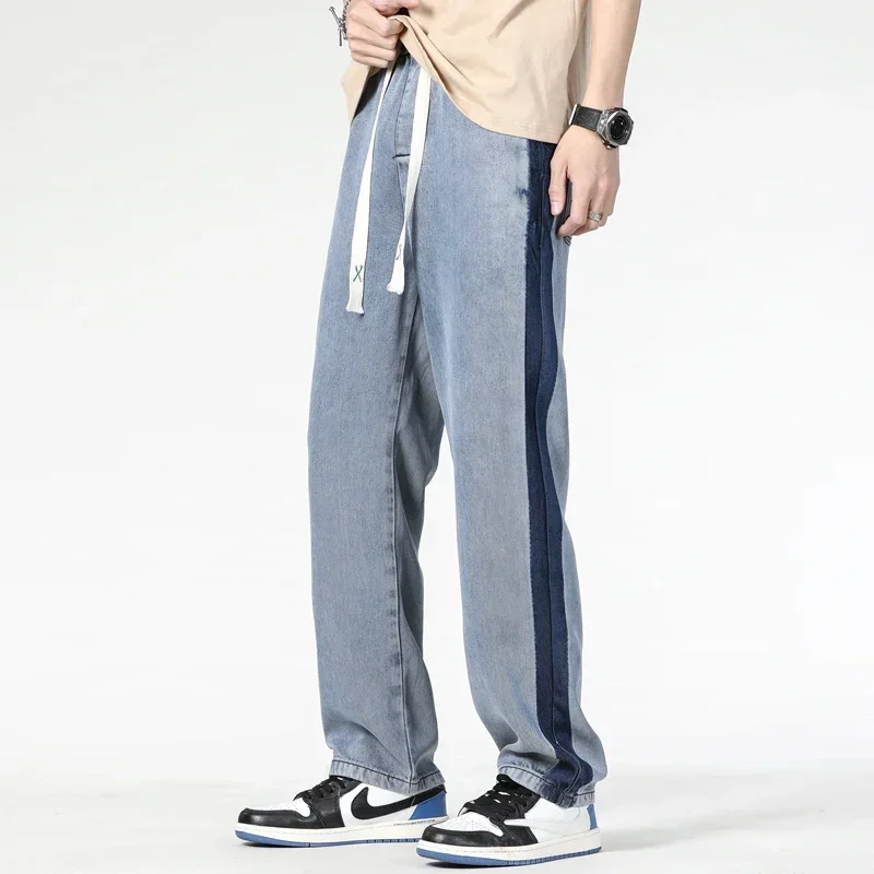 Spring Summer Soft Lyocell Fabric Men's Jeans Thin Loose Straight Pants Drawstring Elastic Waist Korea Casual Trousers