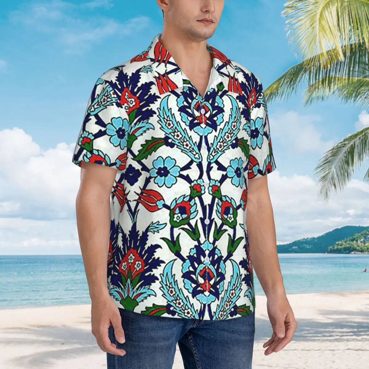 

Turkish Iznik Floral Hawaiian Shirts Funny Men Short Sleeve Shirt for Summer Beach Men's Button Tops