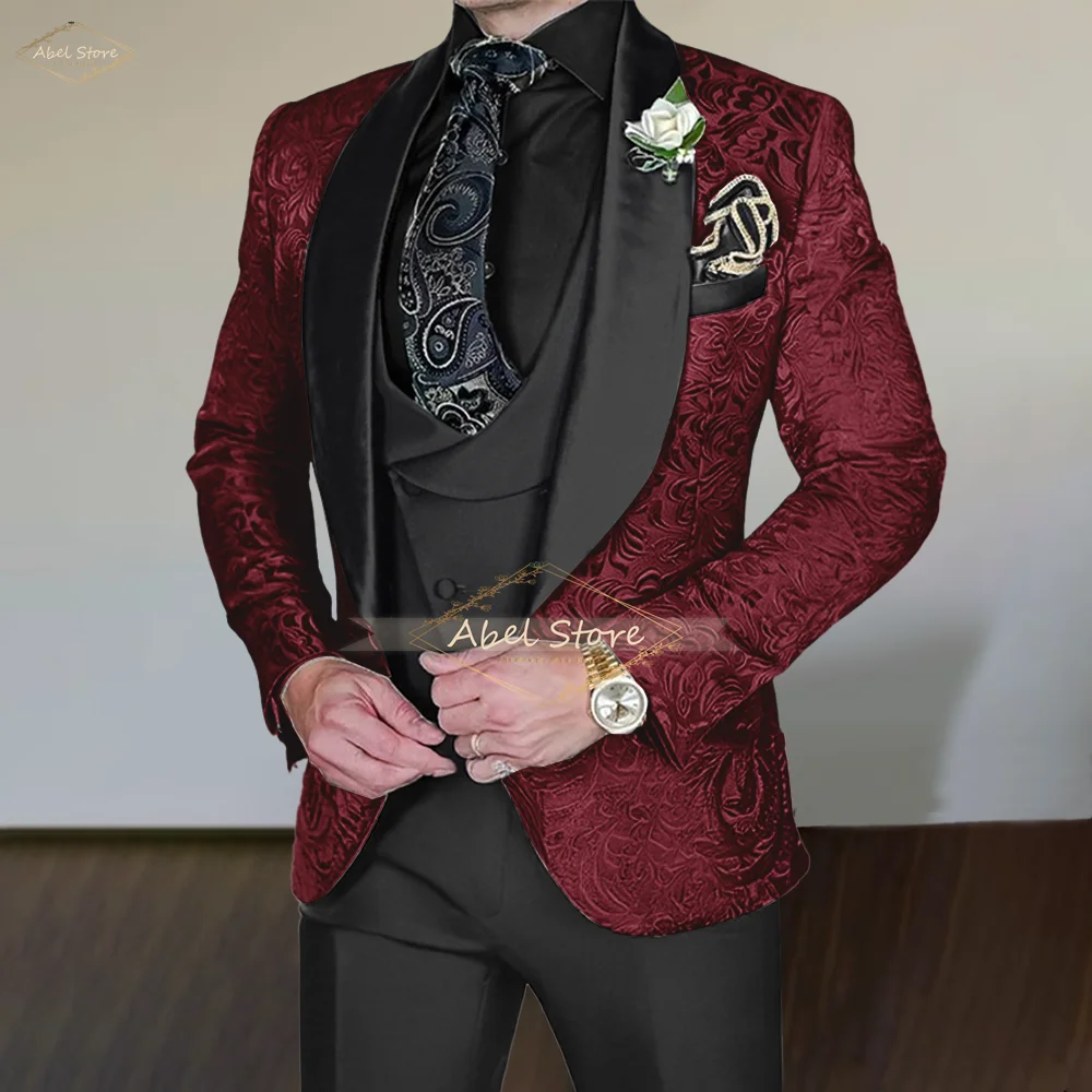 Men's Jacquard Suit 3 Piece Suit Formal Suit Wedding Groom Tuxedo Ball Gown Slim Fit Design Elegant Fashion Suit