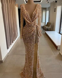 Long Sequined Evening Dresses 2022 Long Sleeve V-neck Sexy High Slit Mermaid Rose Gold Dubai Women Formal Party Gowns Graduation