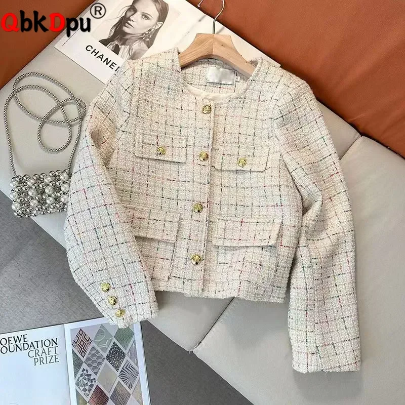 

Шикарный дизайн, твидовые короткие куртки с круглым вырезом, женские повседневные однобортные укороченные пальто, топы, корейские свободные куртки с длинными рукавами Abrigos Blusas