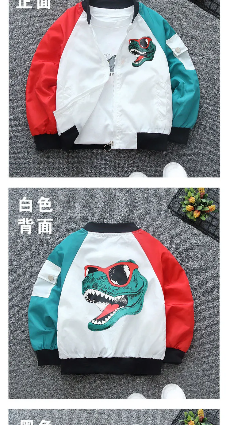 Neue Herbst-Baseballjacke für Jungen, Farbblock-Design mit Raglanärmeln, Dinosaurier-Print, Reißverschluss, Lässige Oberbekleidung für Kinder – Detail 2