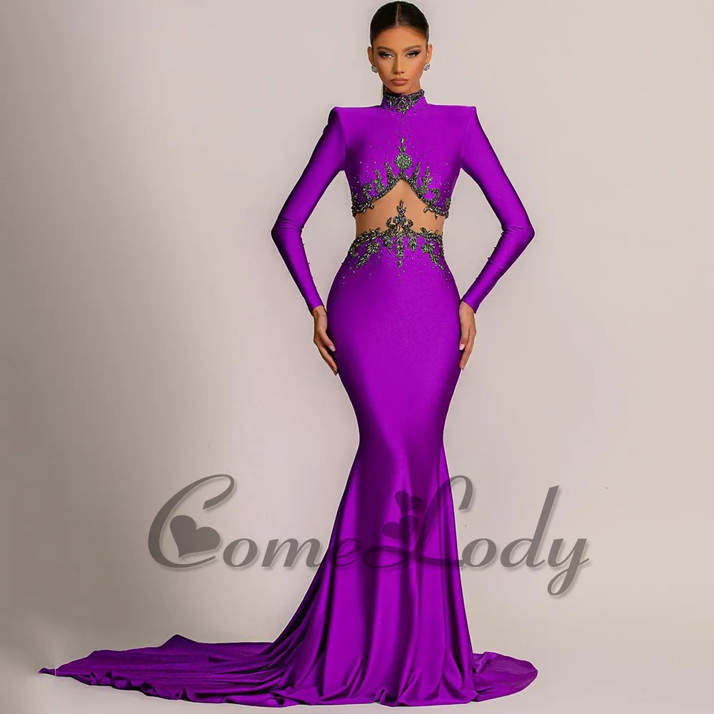 

Comelody Mermaid Prom Dresses for Women Saudi Arabric High Long Sleeve Cut-Out Crystals Pleat Formal Gown Plus Custom Made