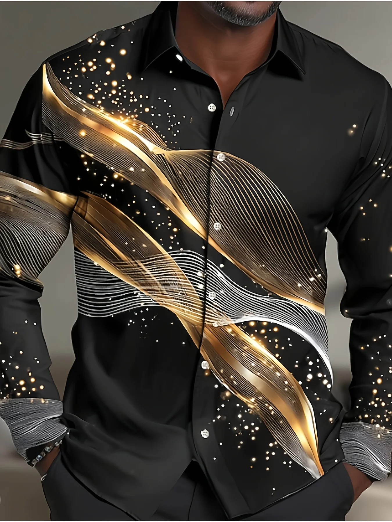 Men Long Sleeve Button Down Shirt Black Gold Silver Glitter Swirl Line Print Polyester Lapel Collar Party
