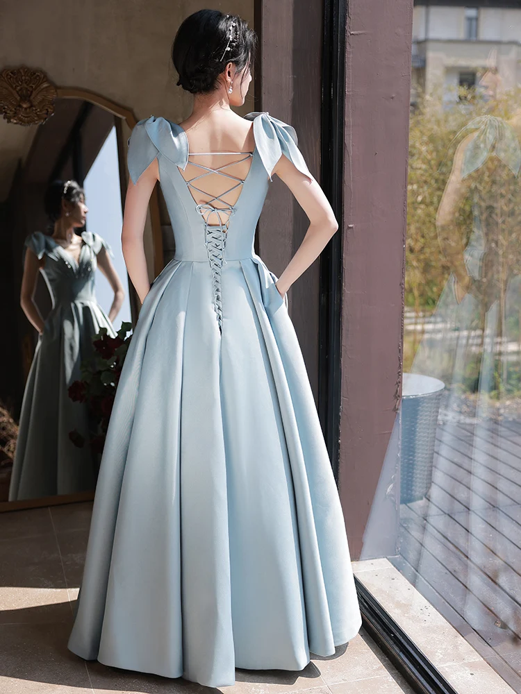 Sky Blue Satin Long Evening Gowns Sexy V-Neck Princess Ball Gowns Floor-Length Backless Women Formal Dresses For Wedding Party