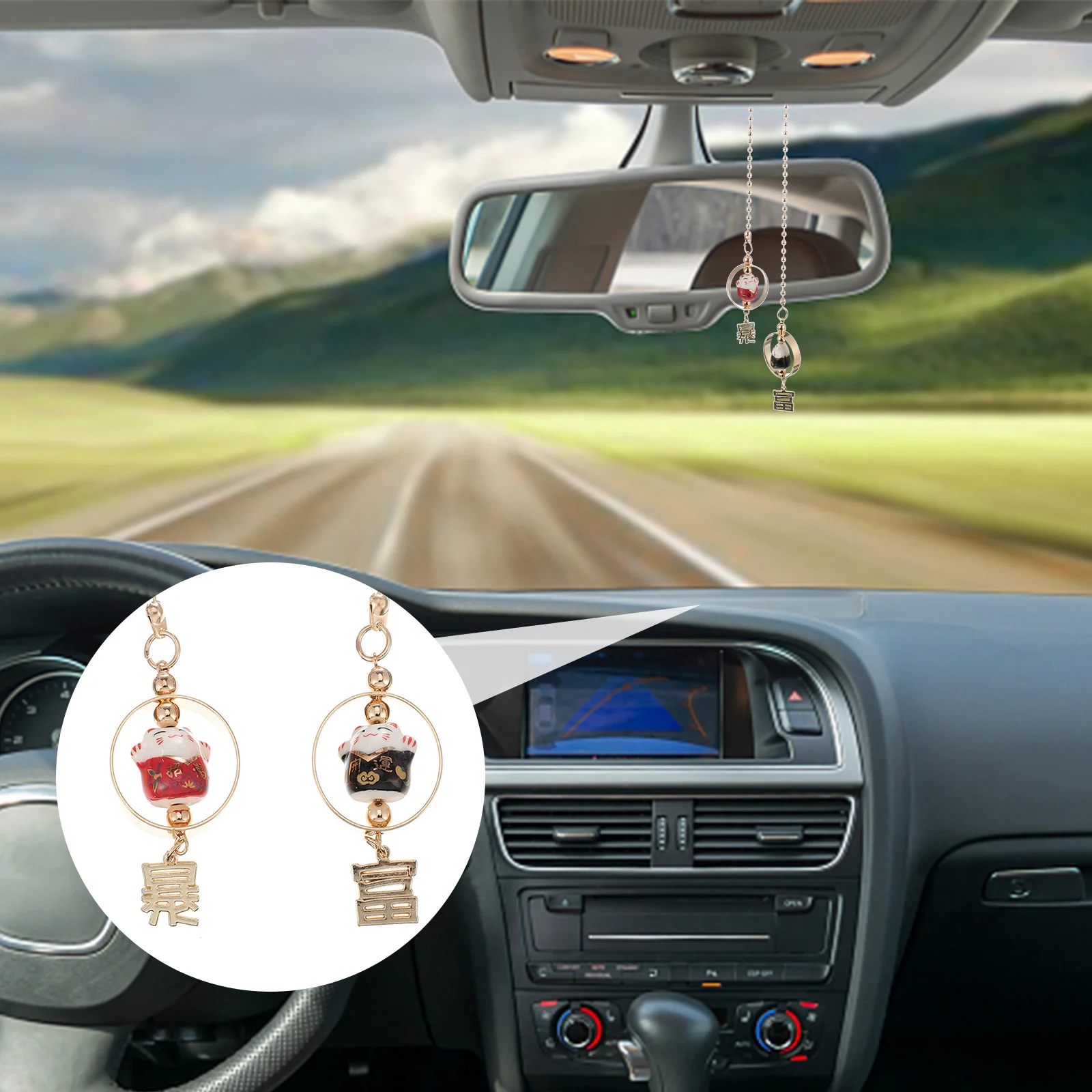 

1pc Ceramic Fortune Cat Car Charm Japanese Style Hanging Pendant For Auto Rearview Mirror Car Interior Decor Adornment