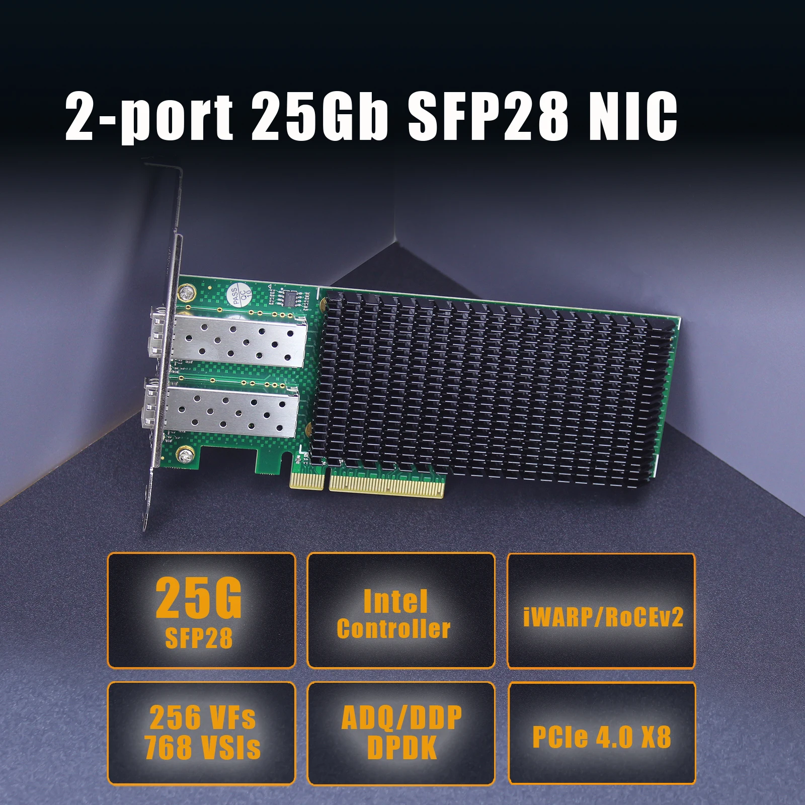 2-Port 25G SFP28 Ethernet Network Card with Intel E810-XXVAM2 Controller, PCIE 4.0 X8 Interface
