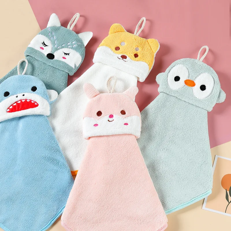 Hand Towels Coral Fleece Anime Hanging Towel Absorbent Towels Children Hand Towels Cute Towels Cartoon Animal Towels