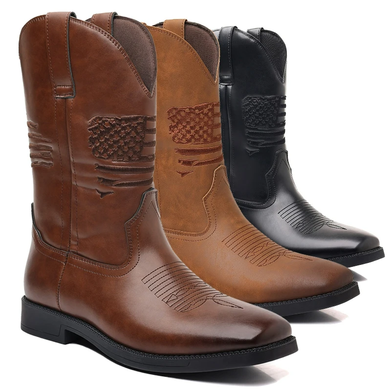 

Мужские ковбойские сапоги с вышивкой в стиле вестерн, ретро-сапоги до середины икры с широким носком, уличная повседневная обувь без шнуровки, обувь больших размеров высокого качества