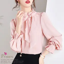 Office Lady 2023 Spring Autumn Solid Color All-match Stand Collar Blouse Fashion Bow Three-dimensional Decoration Ruffles Shirt