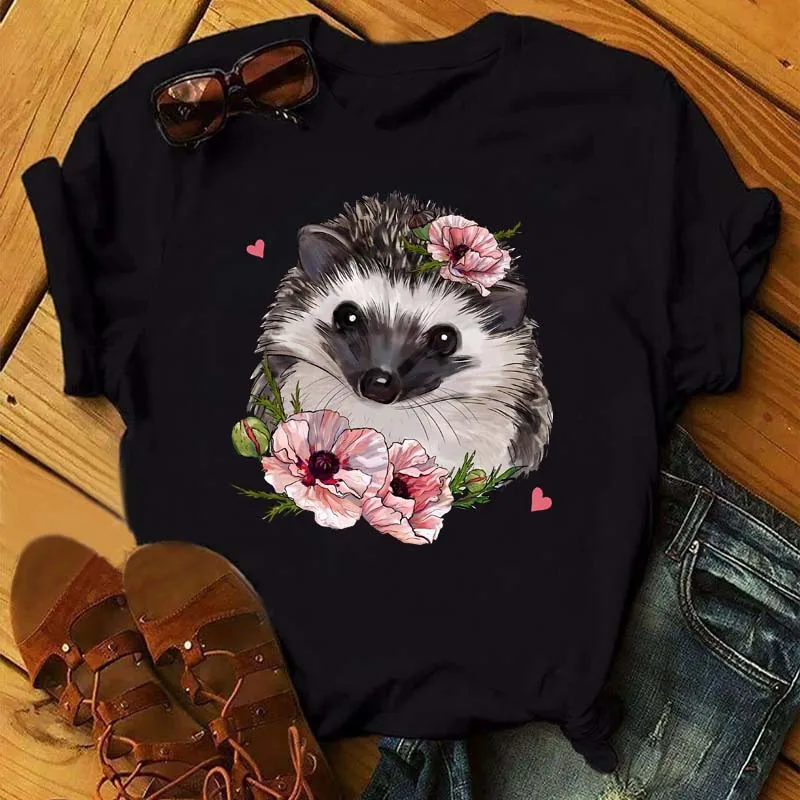 Pink Women Tshirts Casual Cute Cartoon Hedgehog Floral Graphic Print Female Tee Tops Harajuku Fashion Short Sleeve T Shirt Femme