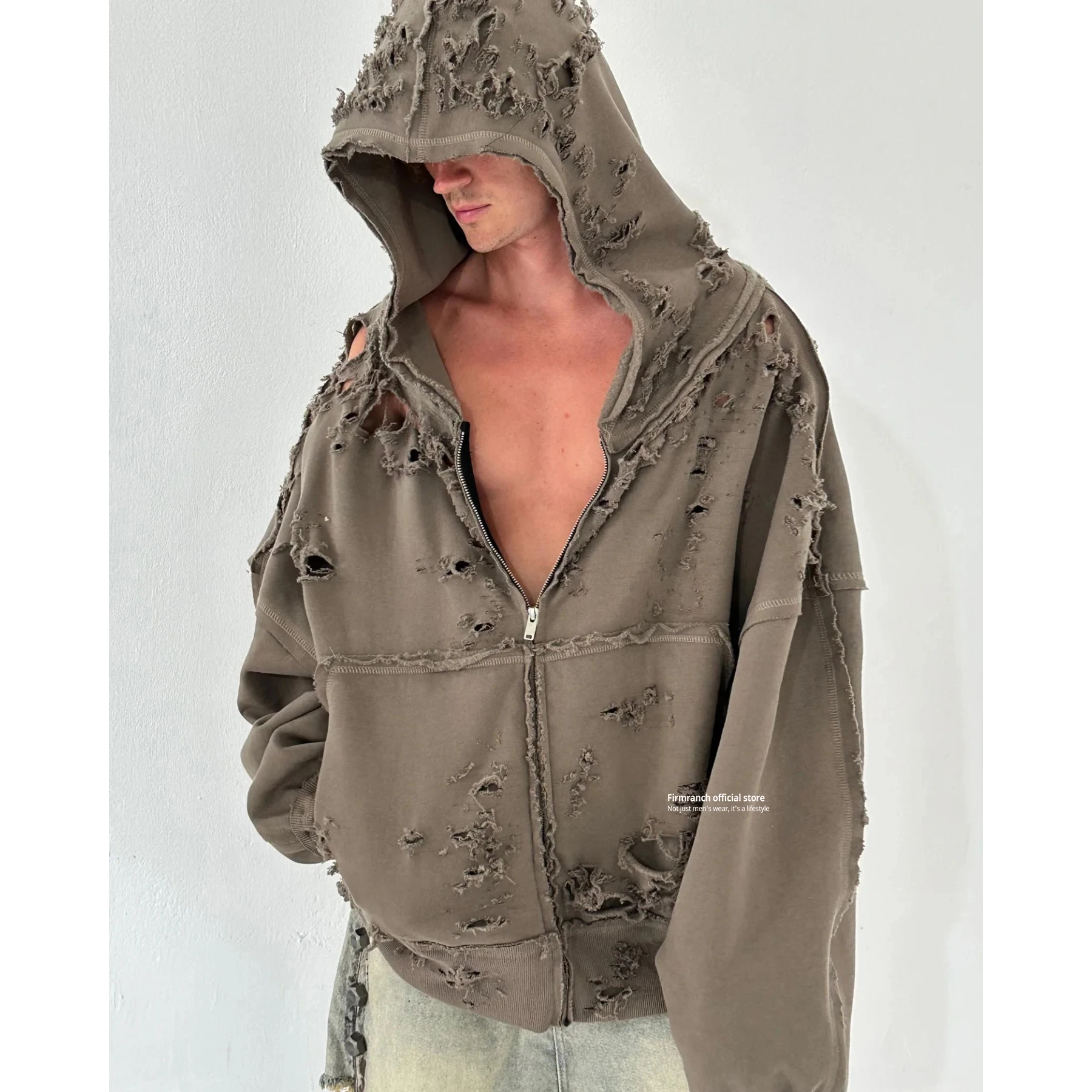 Firmranch New Khaki Ripped Hoodie For Men Women Worn-In Distressed Design Zipper Hooded Sweatshirt Spring Autumn Chic Streetwear