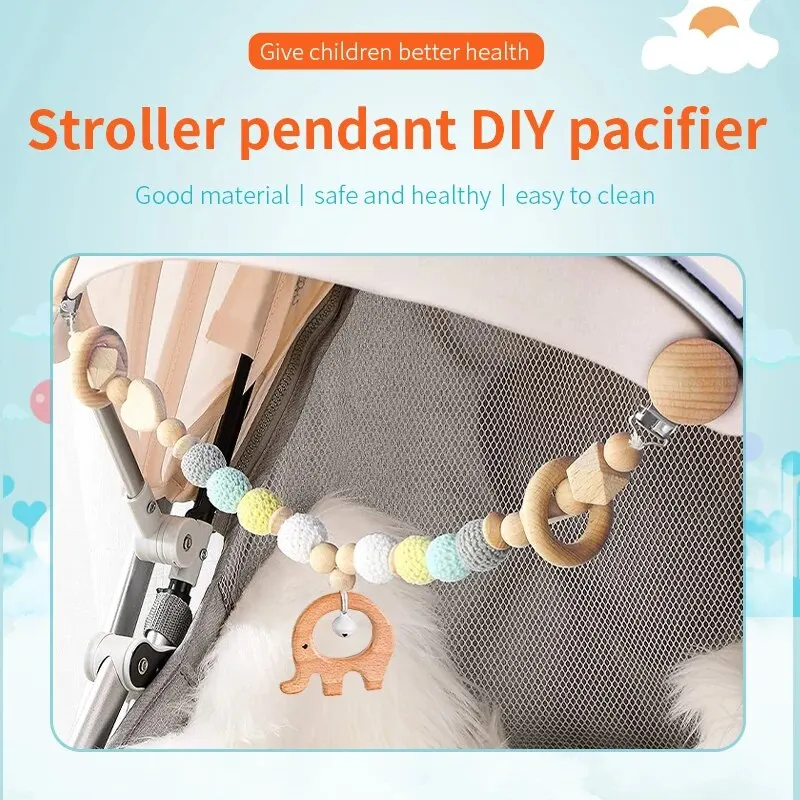 Baby Handmade Crochet Pacifier Clip Beech Wood Elephant Rabbit Stroller Pendant Soothing Chain Teether Accessory