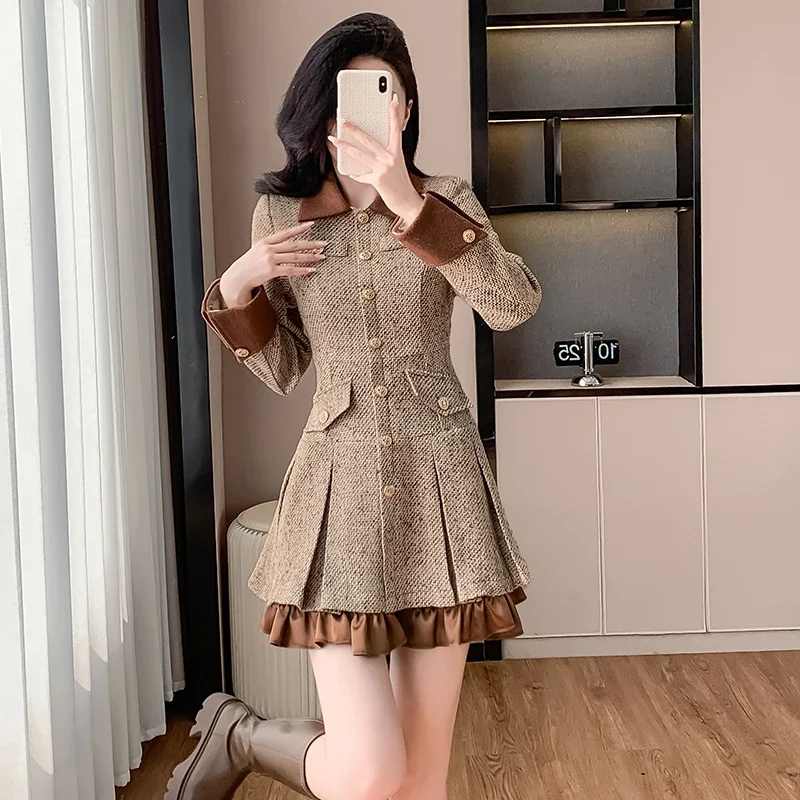 Khaki Tweed Dress for Women Autumn/Winter French Light Luxury Socialite Slimming Single Breasted Patchwork A-line Mini Dress