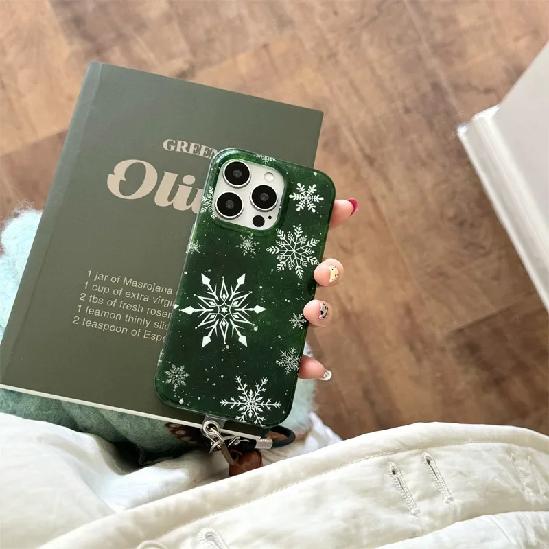 Winter snowflake emerald green art Plush ball bell pendant Phone case For iPhone 16 15 14 13 12 Pro Max Case Cute Luxury Cover