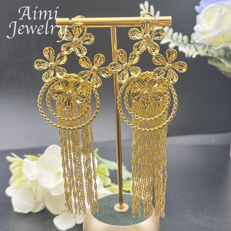 Tassel Trendy 18K Gold Plated Jewelry Set for Women Luxury Fashion Flowers Earring Ring Party African Dubai Bridal Wedding Gifts