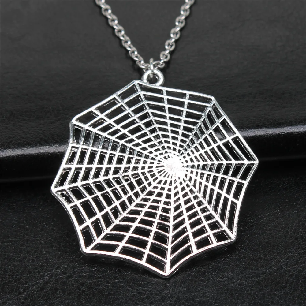 Antique Silver Color 57x50mm Spider Web Pendant Necklace For Women Men Long Chain Necklace