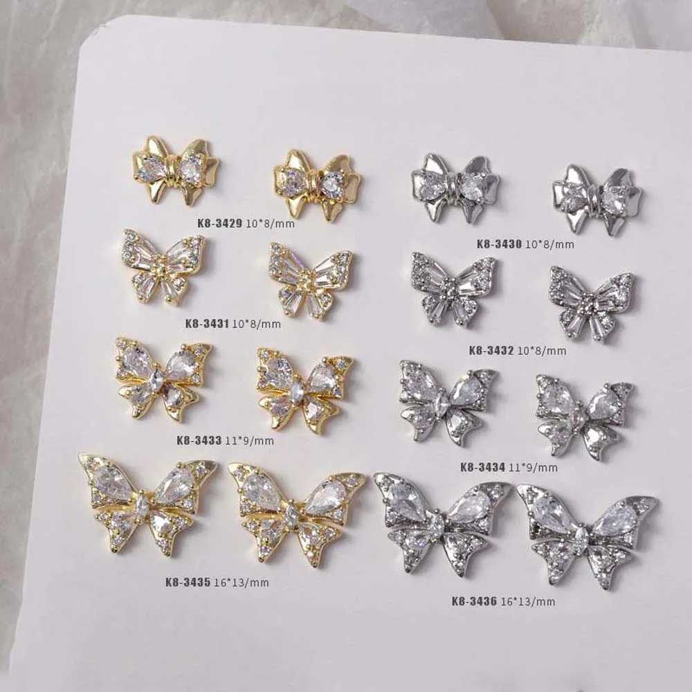 Bowknot borboleta decorações de unhas metal zircão borboleta 3d brocas da arte do prego arco acessórios do prego ouro prata cor