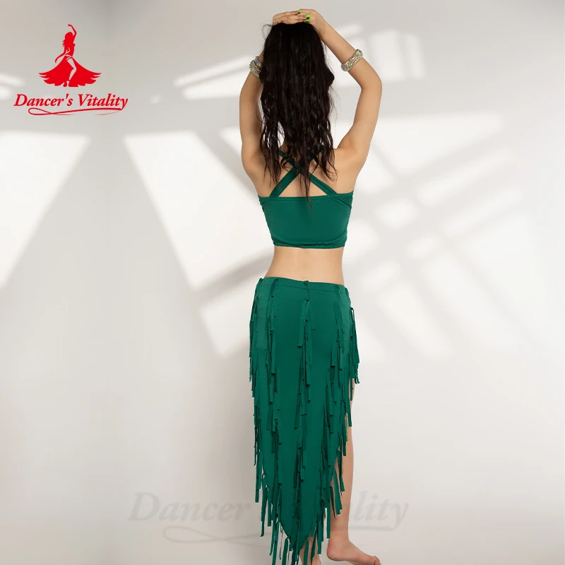 Traje de danza del vientre para mujer, Top de algodón + falda con borlas, 2 piezas, traje de danza Oriental, conjunto de disfraces profesionales