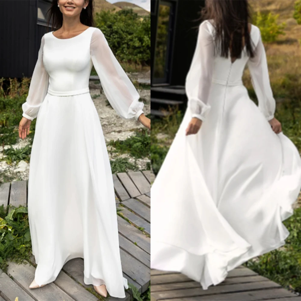 Customized O-neck Floor Length White Full Sleeves Woman Vestidos Elegantes Para Mujer Para Una Boda Robe De Soirée Femme Chic