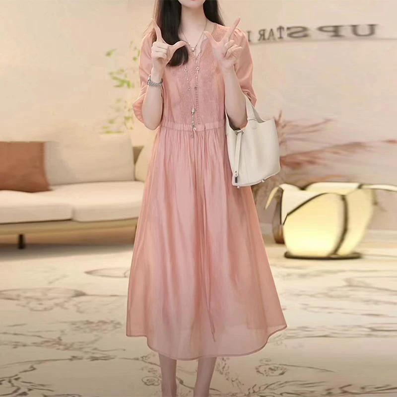 Summer Autumn Loose Casual Embroidery 3/4 Sleeve Robe Femme Literary Vintage Solid Color Comfortable Dress Women Midi Vestidos