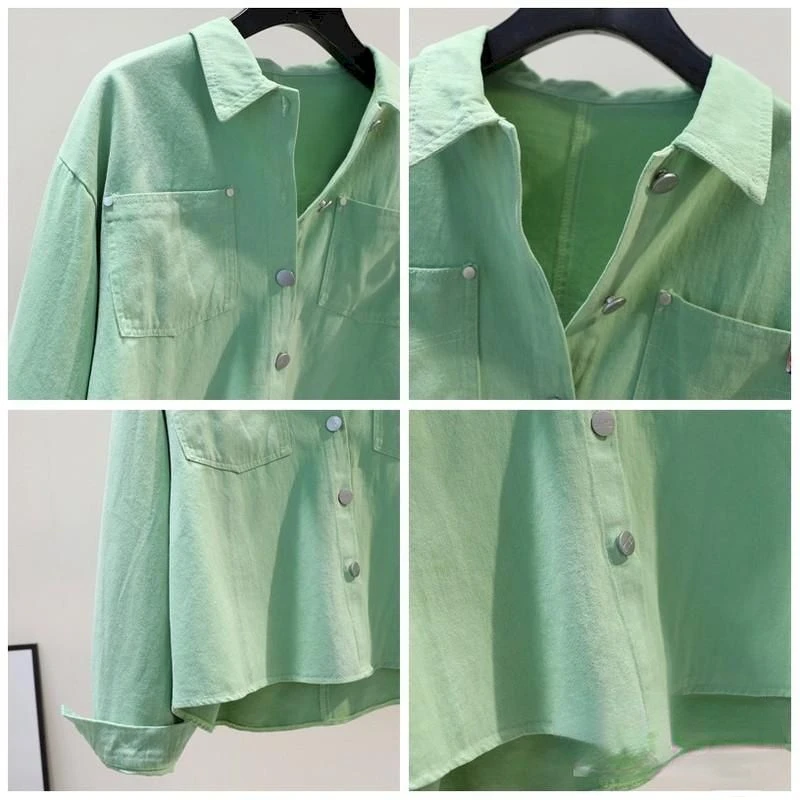 Fashion Design Blouse Women 98% Cotton Matte Short Shirts Light Green Loose Long Sleeve Shirt Jacket Spring Summer Trend Top Y2k