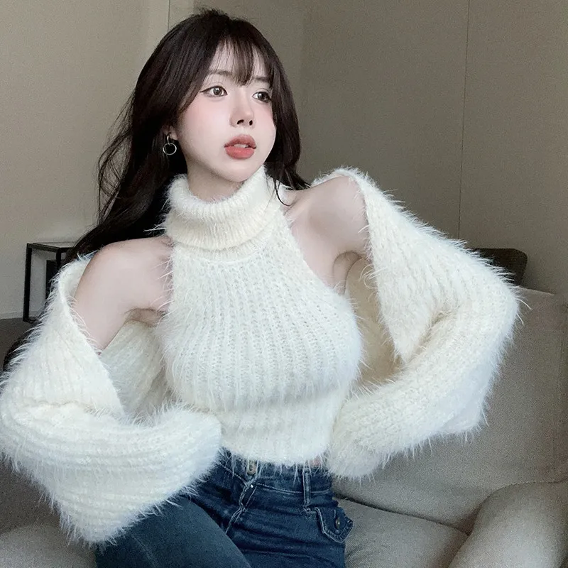 2pc Women Sexy Turtleneck Tank Top Sweater&Long Sleeve Short Cardigan Fashion Soft Knit Sets Black White Grey 2 Piece Knitwear