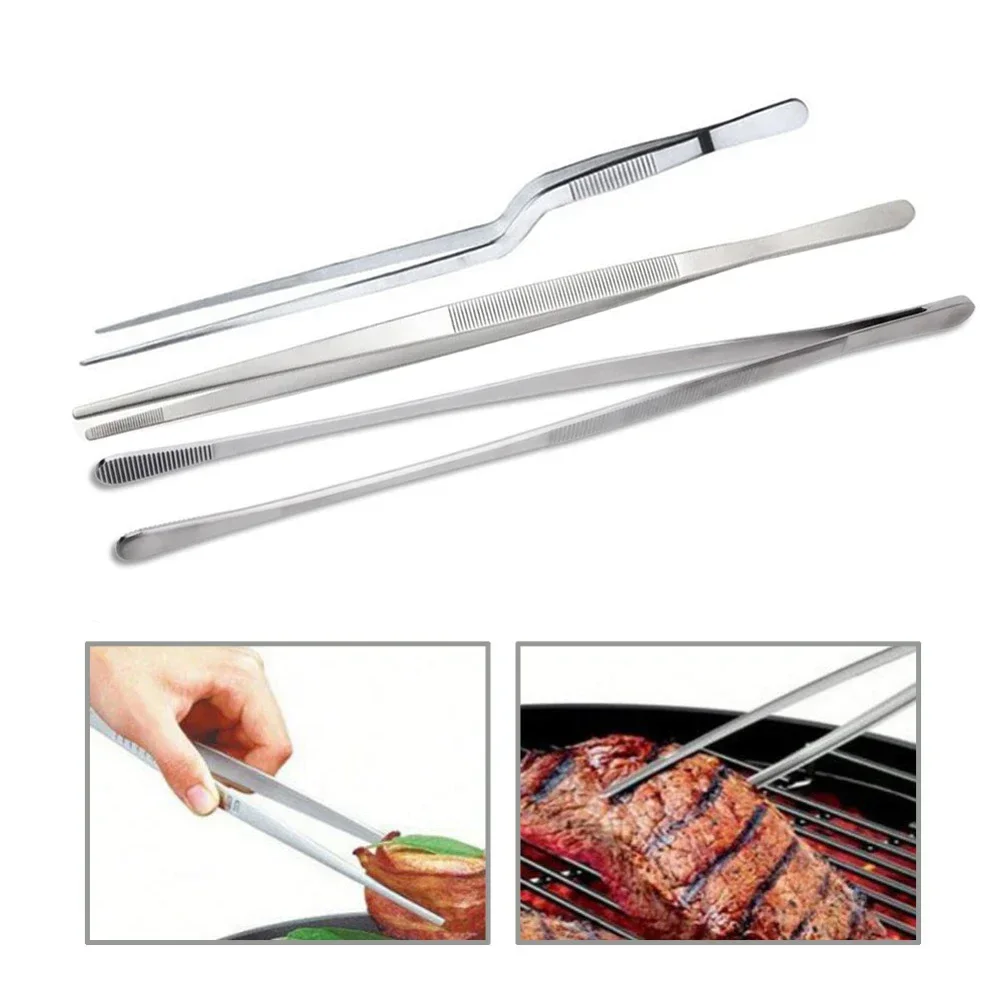 Basedidea 12inch Tongs Stainless Steel Extra-Long Tweezers Food Clip BBQ Meat Beef Tong with Precision Serrated Tips