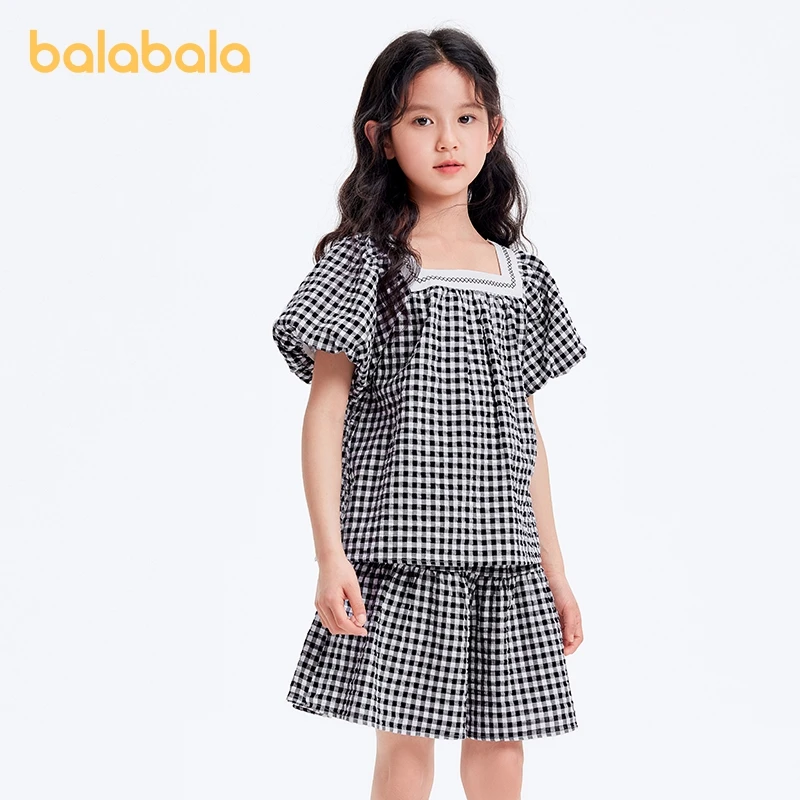 Balabala Clothing Set Girls 2024 Summer New Two-Piece Set for Big Kids featuring Elegance Checkered Pattern Puff Sleeves