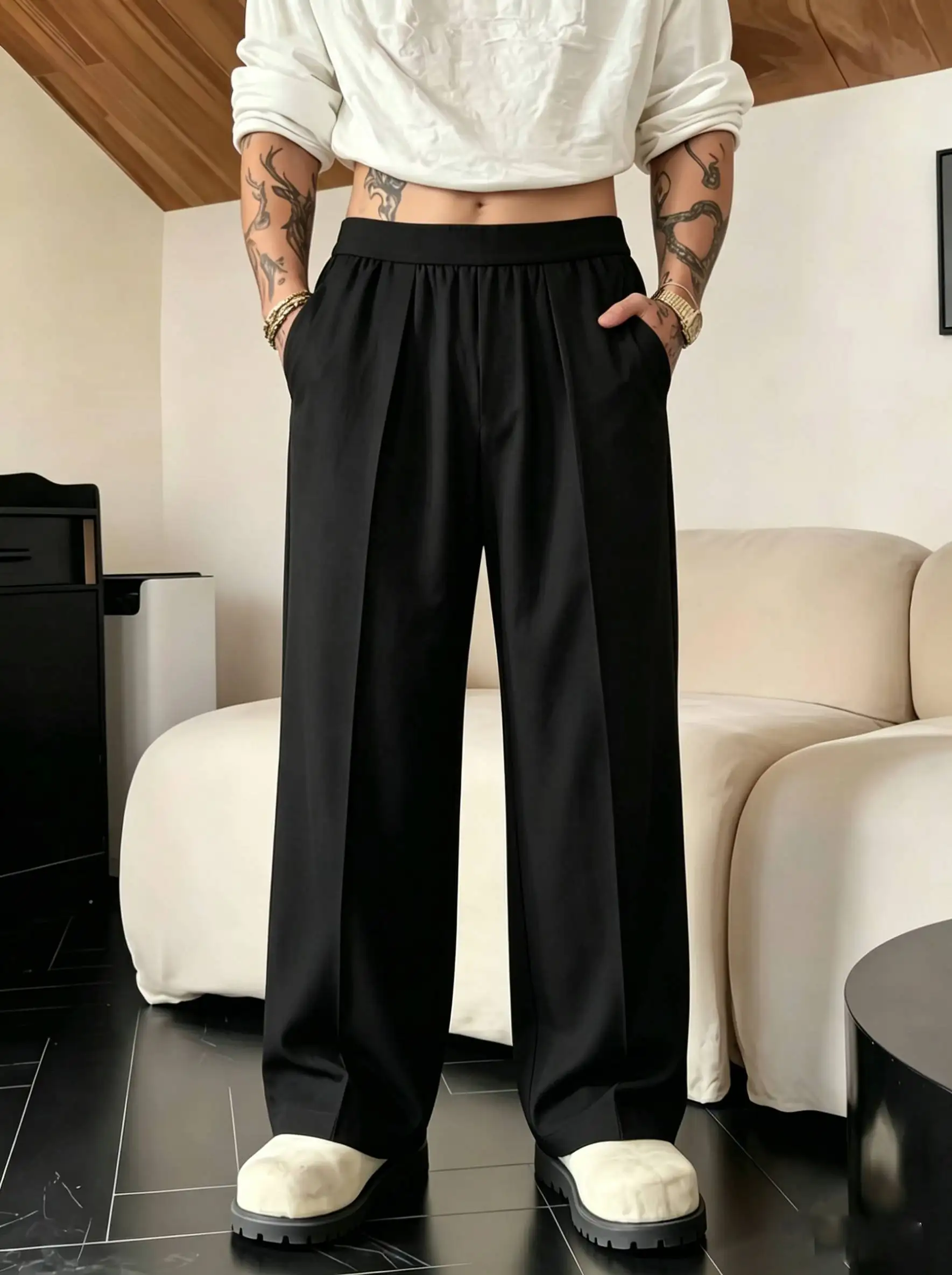 

High Street Black Drape Suit Pants Men's Elastic Waist Lazy Style Wide Leg Pants Spring Summer Versatile Casual Long Trousers